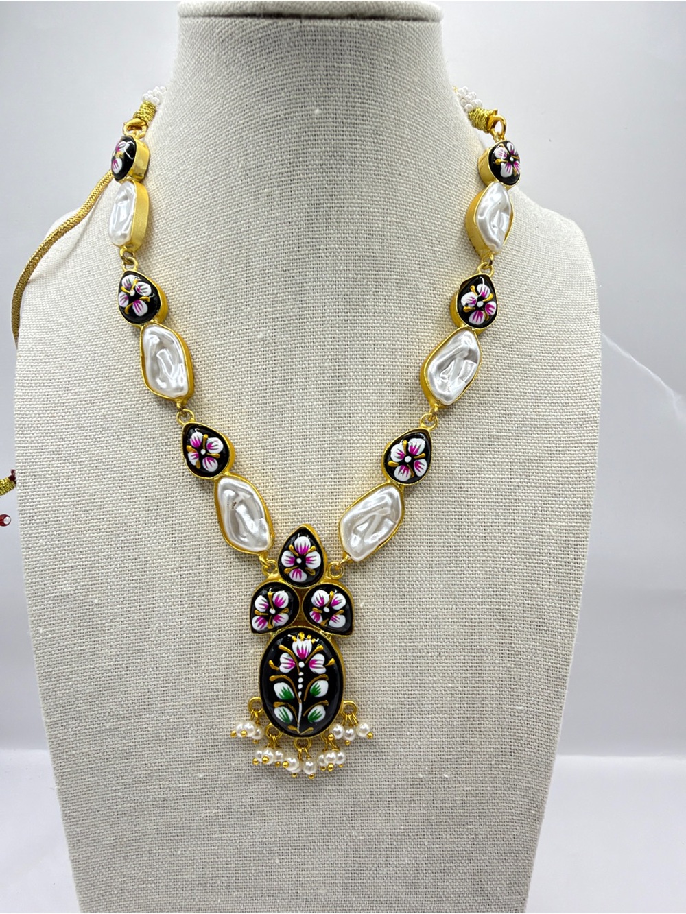 Gold-Tone Black Meenakari Painting & White Floral Pearl Statement Necklace